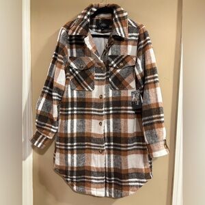 CoffeeShop New York Plaid Shirt Jacket Shacket Brown Neutral Button Front Large
